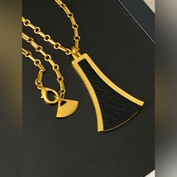 Karl Lagerfeld Gold Plated Black Resin Logo Pendant Necklace. 36”